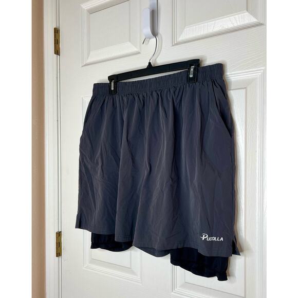 Pudolla Men's Elastic Waist Flat Front Layered Running Shorts Dark Grey Size XXL - Picture 3 of 5